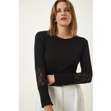Happiness İstanbul Women's Black Lace Wrap Ribbed Knitted Blouse Cene