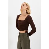 Trendyol Brown Square Neck Pleated Knitted Blouse | Shoptok.si