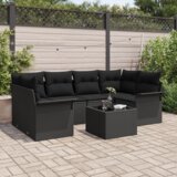 vidaXL set od 7 dijelova vrtnih sofa s jastučićima crni poli ratan, 2-sjedalna vrtna sofa s pohranom i jastučićima crni poli ratan | shoptok.hr