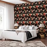  Tapeta - Ornament with birds - silhouettes of cranes and peony flowers on a dark background 49x1000 Samoljepljiva | shoptok.hr