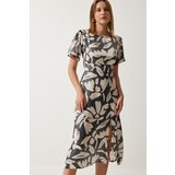  Women's Smoky Cream Patterned Satin Surface Slit Summer Dress Cijene