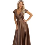 Numoco 411-14 crystal satin long dress with a neckline - mocha mousse | ePonuda.com