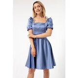 Lafaba Women's Indigo Balloon Sleeve Flared Cut Midi Satin Evening Dress | shoptok.hr