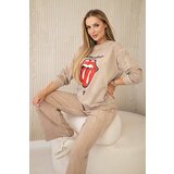 Kesi Włoski Włoski Cotton set wiped with print sweatshirt + pants camel | shoptok.hr