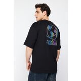Trendyol Men's Black Oversize/Wide Cut 100% Cotton Back Galaxy Hologram Printed T-shirt Cene