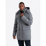 Ombre Warm long men's parka jacket with wool - grey melange | Shoptok.si