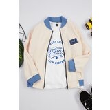 Trendyol Beige 2-Piece Boy Slogan Printed T-shirt-Jacket Set Cotton Knitted Bottom-Top Set cene