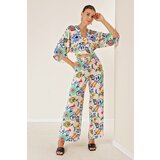 By Saygı Elastic Waist Pocket Palazzo Trousers Front Back V Neck Crop Floral Double Suit Cene