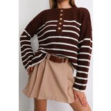 BİKELİFE Women's Brown Oversize Gold Buttoned Striped Thick Knitwear Sweater Cene