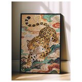 Wallxpert uramljena slika 115253, leopard u orijentalnom stilu među šarenim oblacima, 30 x 40 cm, crni ram Cene