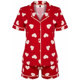 Trendyol Red 100% Cotton Heart Patterned Piping Detailed Shirt-Shorts Knitted Pajama Set Cene