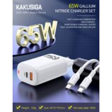 Kakusiga adapter hišni polnilec 220V Gun Quick Charge 65W vhod 1x USB A in 1x Type C - s kablom Type C - Type C 3.0 bel | Shoptok.si