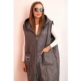 Kesi Włoski Women's quilted Plus Size vest with a hood zippered graphite Cene