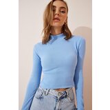 Happiness İstanbul Women's Sky Blue Corded Turtleneck Crop Knitted Blouse Cene