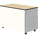 mauser Predalnik s kolesi, VxG 573 x 800 mm, plošča s polnim jedrom iz HPL, 3 predali, čista bela / aluminijasto siva / javor | Shoptok.si