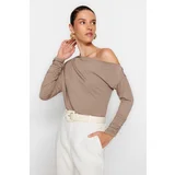 Trendyol Mink Asymmetrical Collar Flowy, Flexible Knitted Blouse