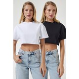 Happiness İstanbul women's black and white crew neck basic 2-Pack crop knitted t-shirt Cene