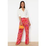 Trendyol Pink Wide Leg Patterned Woven Trousers with Elastic Waist Tie Detail cene