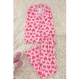 Trendyol Pink 100% Cotton Leopard Heart Patterned Shirt Pants Knitted Pajama Set