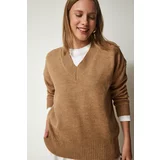 Happiness İstanbul Women's Biscuit V-Neck Oversize Knitwear Sweater