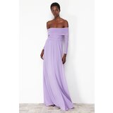 Trendyol Lilac A-Cut Carmen Neckline Knitted Tulle Long Evening Evening Dress Cijene