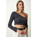 Happiness İstanbul Women's Anthracite Single Sleeve Ribbed Crop Knitted Blouse Cene