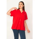 Şans Women's Plus Size Red Snap Collar Front Buttoned Short Sleeve Shirt