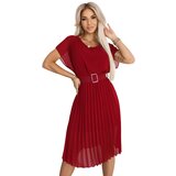 numoco basic 465-5 MIA Pleated Chiffon Midi Dress with Wide Belt - Burgundy | Shoptok.si