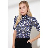 Trendyol Navy Blue Leopard Pattern Stand Up Collar Padded Snap Snap Knitted Body | shoptok.hr