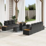 vidaXL 10-delni vrtni sedežni set z blazinami Črna Poli Ratan Acacia | Shoptok.si