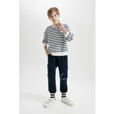 Defacto Boy Navy Blue Regular Fit Elastic Waist Leg Printed Tracksuit Bottoms