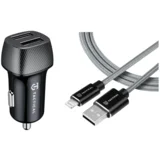avtopolnilec 2x USB-A QC 24W 3A s kablom Ligntning LICENČNI POLNILEC- siv