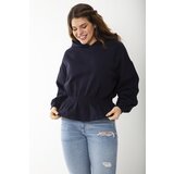 Şans Women's Plus Size Navy Blue Inner Raising Elastic Waist Detailed Hooded Sweatshirt Cene