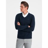 Ombre Men's sweater with a "v-neck" neckline with a shirt collar - navy blue cene