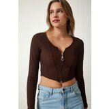 Happiness İstanbul Women's Brown Zippered Ribbed Crop Blouse Cene