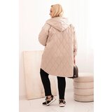 Kesi Włoski Women's Plus Size quilted jacket with a hood and the inscription HOPE dark beige | shoptok.hr