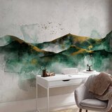  Foto tapeta - Abstract landscape - green mountains with golden patterns and birds 392x280 Samoljepljiva | shoptok.hr