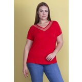 Şans Women's Plus Size Red Collar And Sleeve Tulle Detail Viscose Blouse Cene