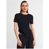 Dilvin 10365 Crew Neck Left Shoulder Gathered Short Sleeve Sweater-black