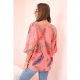 Kesi Włoski Women's cotton blouse with leaves with roll-up sleeves raspberry | shoptok.hr