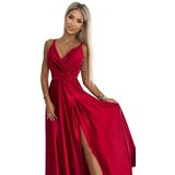 Numoco 498-4 Long satin dress with a neckline and double straps - red | shoptok.hr