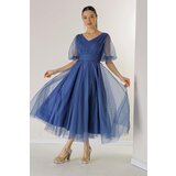 By Saygı front back v neck short balloon sleeve lined bud pattern silvery dahya fabric dress | ePonuda.com