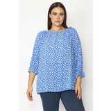 Şans Women's Plus Size Blue Collar And Sleeve Elastic Detailed Woven Viscose Fabric Blouse Cene