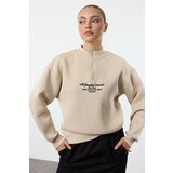 Trendyol Stone Thick Inside Fleece Zipper Stand Collar Oversize/Wide Fit Knitted Sweatshirt