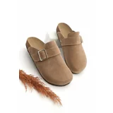 Marjin Women's Genuine Leather Eva Sole Closed Front Buckle Daily Slippers Sumpa Camel Suede