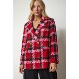  Women's Red Pink Double Breasted Collar Patterned Elegant Woven Jacket | shoptok.hr