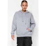 Trendyol Gray Melange Thick Fleece Inside Oversize/Wide Fit Hoodie Basic Knitted Sweatshirt