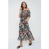 By Saygı Floral Pattern Frilled Chiffon Dress With Frill Collar Belted Waist Green