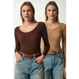 Happiness İstanbul Women's Dark Brown Biscuit V-Neck 2-Pack Knitted Blouse Cene