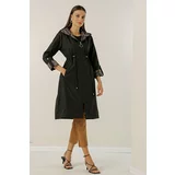 By Saygı Leopard-Pattern Patterned Folded Waist Pleated Lined Trench Coat with a Hooded